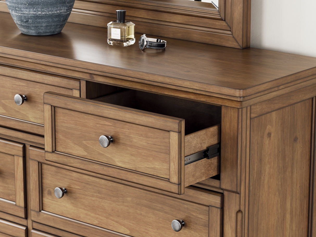 Feddinger King Storage Sleigh Bed with Mirrored Dresser and Chest in Medium Brown from Ashley Furniture - Luna Furniture