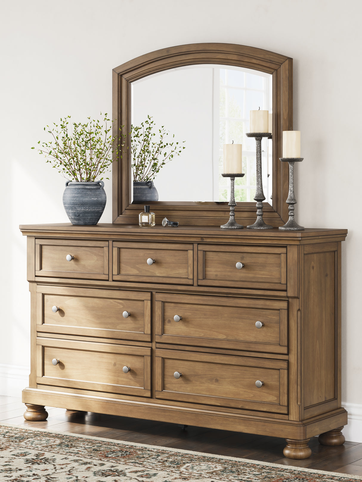 Feddinger King Storage Sleigh Bed with Mirrored Dresser and Chest in Medium Brown from Ashley Furniture - Luna Furniture