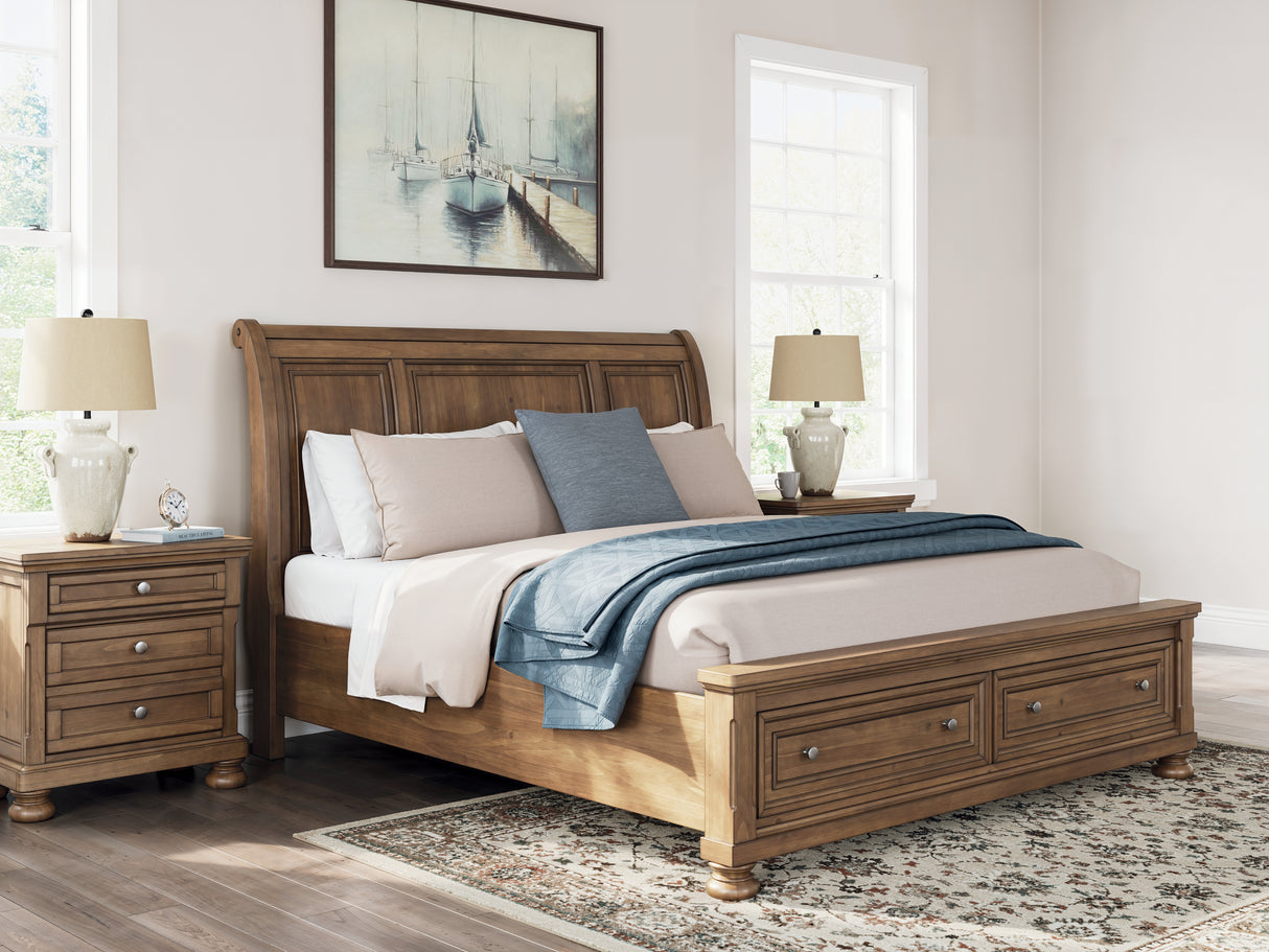 Feddinger King Storage Sleigh Bed with Mirrored Dresser and Chest in Medium Brown from Ashley Furniture - Luna Furniture