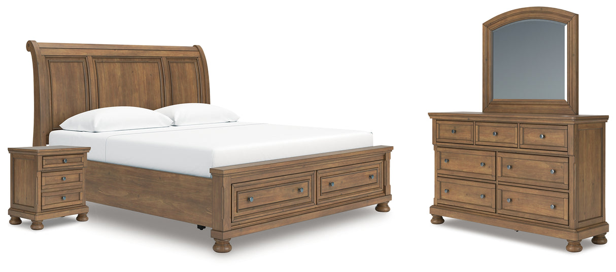 Feddinger King Storage Sleigh Bed with Mirrored Dresser and Nightstand in Medium Brown from Ashley - Luna Furniture