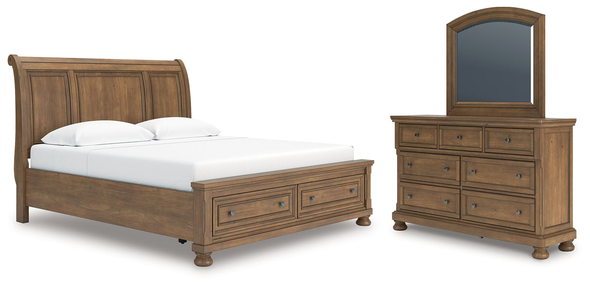 Feddinger King Storage Sleigh Bed with Mirrored Dresser in Medium Brown from Ashley - Luna Furniture