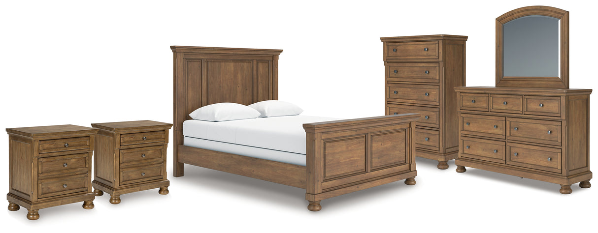 Feddinger Queen Panel Bed with Mirrored Dresser, Chest and 2 Nightstands in Medium Brown from Ashley - Luna Furniture