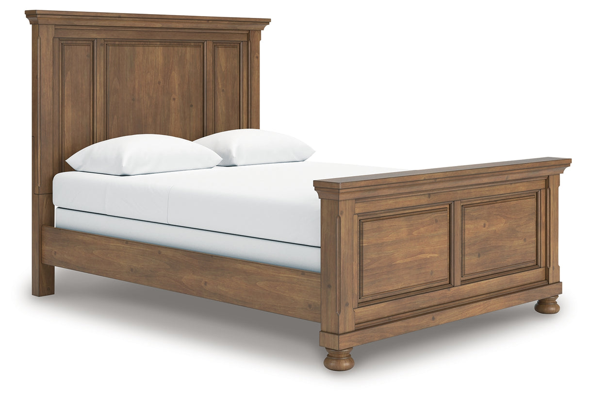 Feddinger Queen Panel Bed with Mirrored Dresser, Chest and 2 Nightstands in Medium Brown from Ashley - Luna Furniture