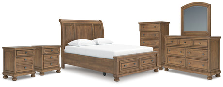 Feddinger Queen Storage Sleigh Bed with Mirrored Dresser, Chest and 2 Nightstands in Medium Brown from Ashley - Luna Furniture