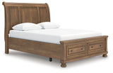 Feddinger Queen Storage Sleigh Bed with Mirrored Dresser, Chest and Nightstand in Medium Brown from Ashley - Luna Furniture