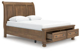 Feddinger Queen Storage Sleigh Bed with Mirrored Dresser, Chest and Nightstand in Medium Brown from Ashley - Luna Furniture