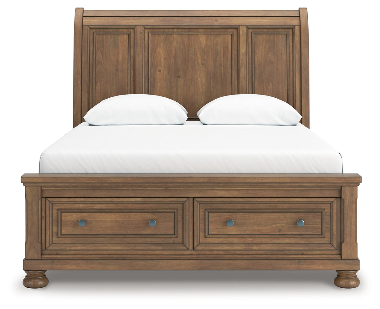 Feddinger Queen Storage Sleigh Bed with Mirrored Dresser and Chest in Medium Brown from Ashley - Luna Furniture