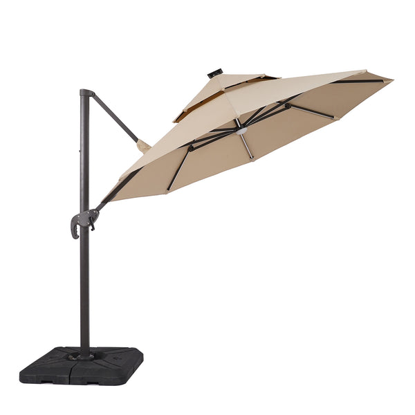 Fera Beige 10 Ft Round Umbrella w/ LED Bulb + 37" Large Base