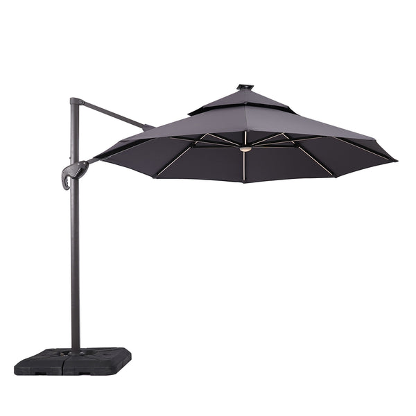 Fera Gray 10 Ft Round Umbrella w/ LED Bulb + 37" Large Base