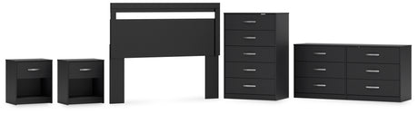 Finch Queen Panel Headboard with Dresser, Chest and 2 Nightstands in Black from Ashley - Luna Furniture