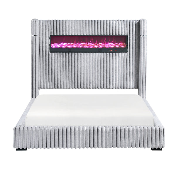 Fitzroy Gray Upholstered Queen Bed with Fireplace