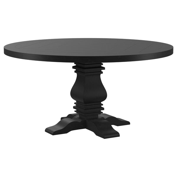 Florence Antique Black Round Pedestal Dining Table with Planked Wood Top