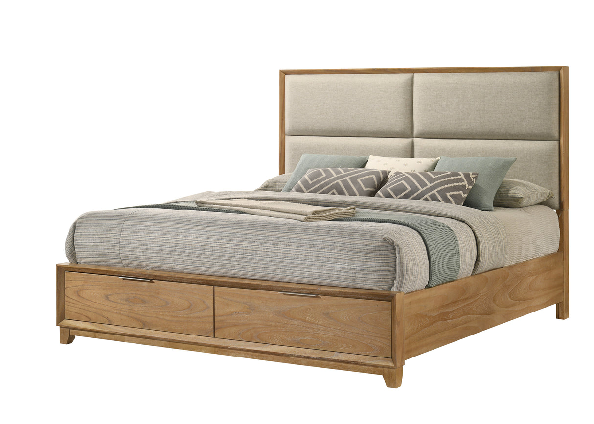 Florian Natural Wood Upholstered King Storage Platform Bed from Crown Mark - Luna Furniture