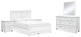Fortman Queen Panel Bed with Mirrored Dresser and 2 Nightstands in White from Ashley - Luna Furniture