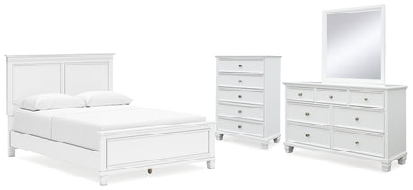 Fortman Queen Panel Bed with Mirrored Dresser and Chest in White from Ashley - Luna Furniture