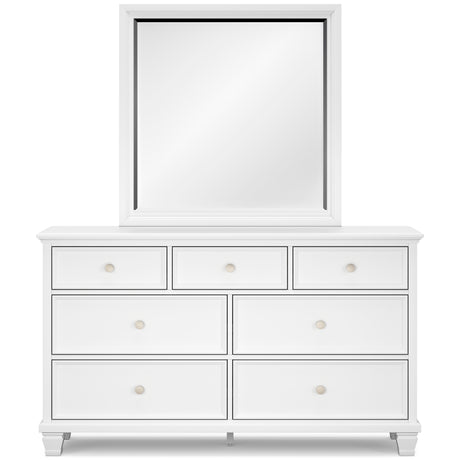 Fortman Queen Panel Bed with Mirrored Dresser and Chest in White from Ashley - Luna Furniture