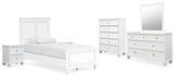 Fortman Twin Panel Bed with Mirrored Dresser, Chest and 2 Nightstands in White from Ashley - Luna Furniture