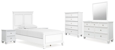 Fortman Twin Panel Bed with Mirrored Dresser, Chest and 2 Nightstands in White from Ashley - Luna Furniture