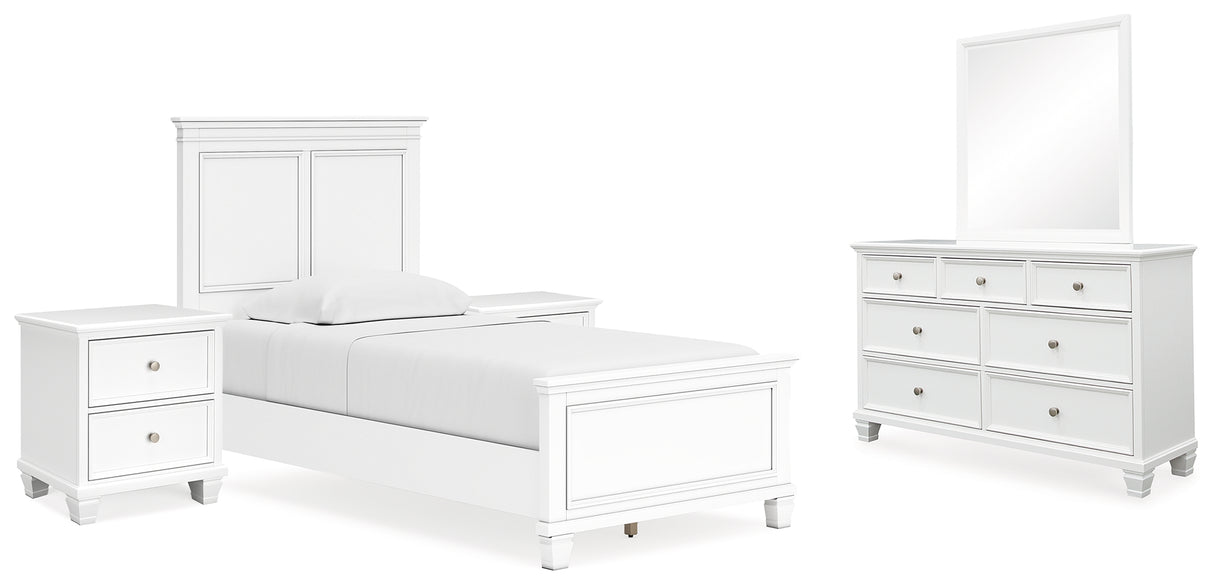 Fortman Twin Panel Bed with Mirrored Dresser and 2 Nightstands in White from Ashley - Luna Furniture