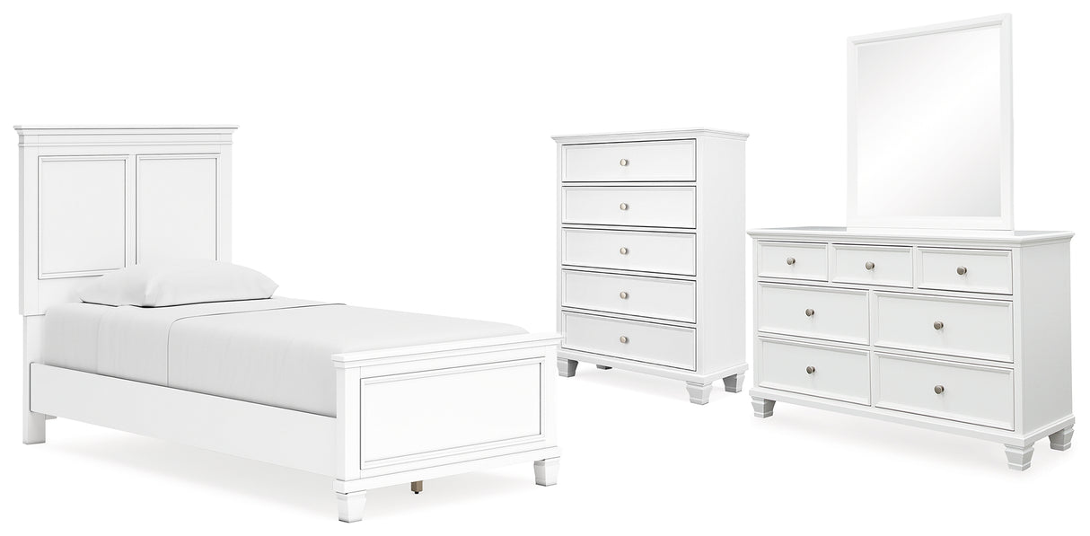 Fortman Twin Panel Bed with Mirrored Dresser and Chest in White from Ashley - Luna Furniture