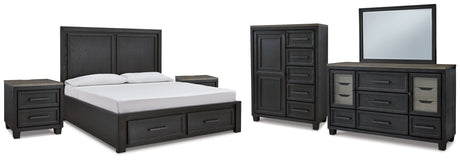 Foyland California King Panel Storage Bed with Mirrored Dresser, Chest and 2 Nightstands in Black/Brown from Ashley - Luna Furniture
