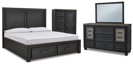 Foyland California King Panel Storage Bed with Mirrored Dresser and Chest in Black/Brown from Ashley - Luna Furniture