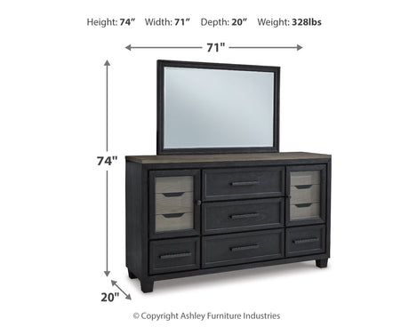 Foyland King Panel Storage Bed with Mirrored Dresser and Chest in Black/Brown from Ashley - Luna Furniture