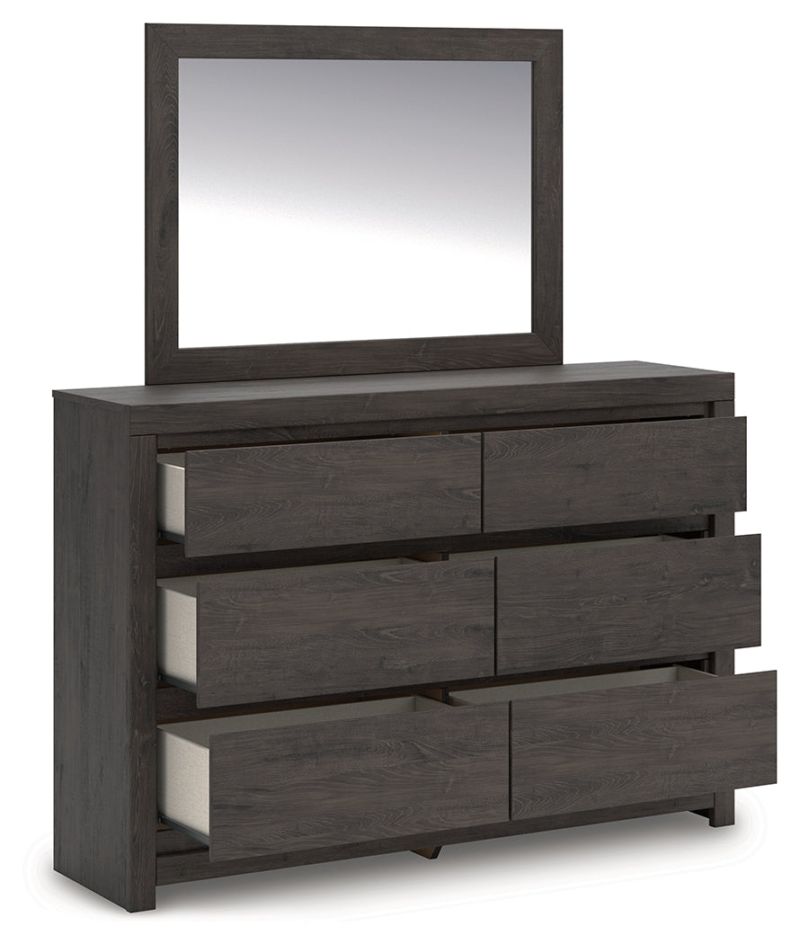 Fraluna King Panel Bed with Mirrored Dresser, Chest and 2 Nightstands in Charcoal from Ashley Furniture - Luna Furniture