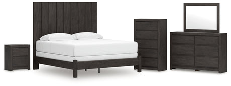 Fraluna King Panel Bed with Mirrored Dresser, Chest and Nightstand in Charcoal from Ashley - Luna Furniture