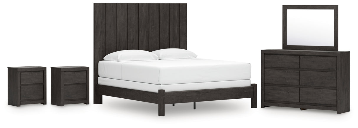 Fraluna King Panel Bed with Mirrored Dresser and 2 Nightstands in Charcoal from Ashley Furniture - Luna Furniture