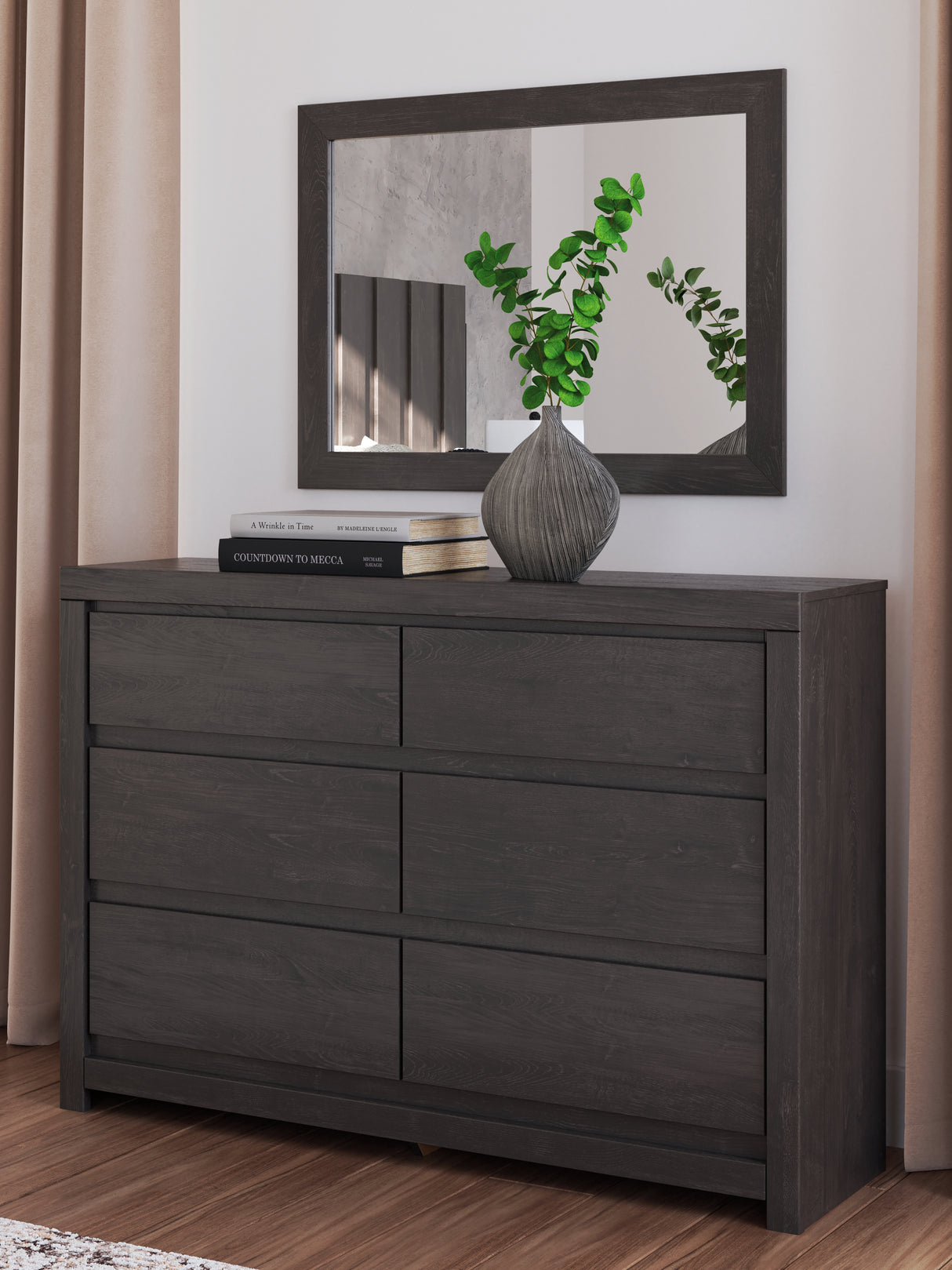 Fraluna King Panel Bed with Mirrored Dresser and Nightstand in Charcoal from Ashley Furniture - Luna Furniture