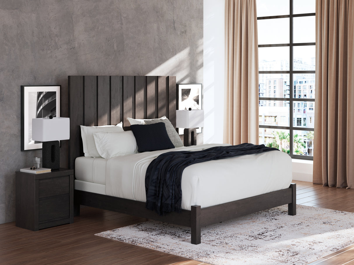 Fraluna King Panel Bed with Mirrored Dresser and Nightstand in Charcoal from Ashley Furniture - Luna Furniture