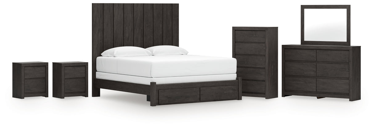 Fraluna King Panel Storage Bed with Mirrored Dresser, Chest and 2 Nightstands in Charcoal from Ashley Furniture - Luna Furniture