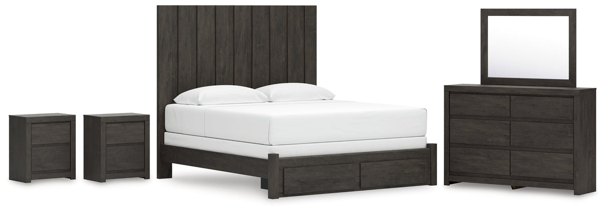 Fraluna King Panel Storage Bed with Mirrored Dresser and 2 Nightstands in Charcoal from Ashley Furniture - Luna Furniture