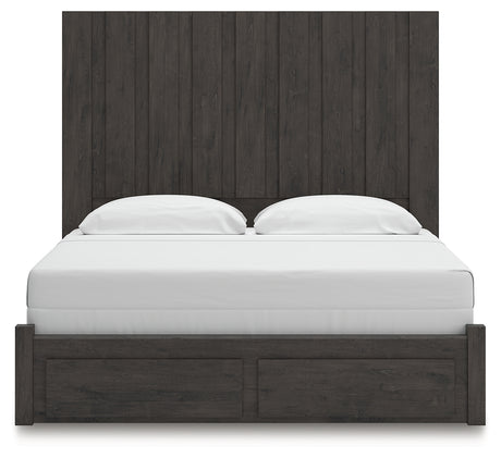 Fraluna King Panel Storage Bed with Mirrored Dresser and Nightstand in Charcoal from Ashley - Luna Furniture