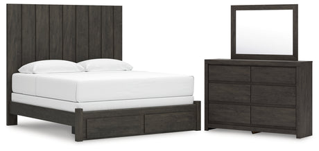 Fraluna King Panel Storage Bed with Mirrored Dresser in Charcoal from Ashley - Luna Furniture