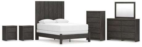 Fraluna Queen Panel Bed with Mirrored Dresser, Chest and 2 Nightstands in Charcoal from Ashley - Luna Furniture