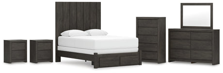 Fraluna Queen Panel Storage Bed with Mirrored Dresser, Chest and 2 Nightstands in Charcoal from Ashley - Luna Furniture