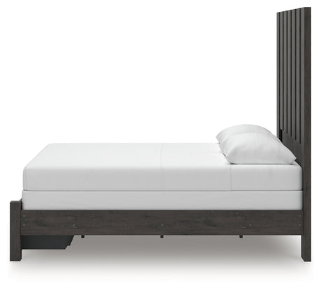 Fraluna Queen Panel Storage Bed with Mirrored Dresser, Chest and 2 Nightstands in Charcoal from Ashley - Luna Furniture