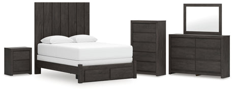 Fraluna Queen Panel Storage Bed with Mirrored Dresser, Chest and Nightstand in Charcoal from Ashley - Luna Furniture