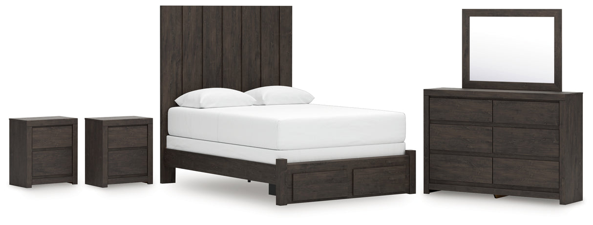 Fraluna Queen Panel Storage Bed with Mirrored Dresser and 2 Nightstands in Charcoal from Ashley Furniture - Luna Furniture