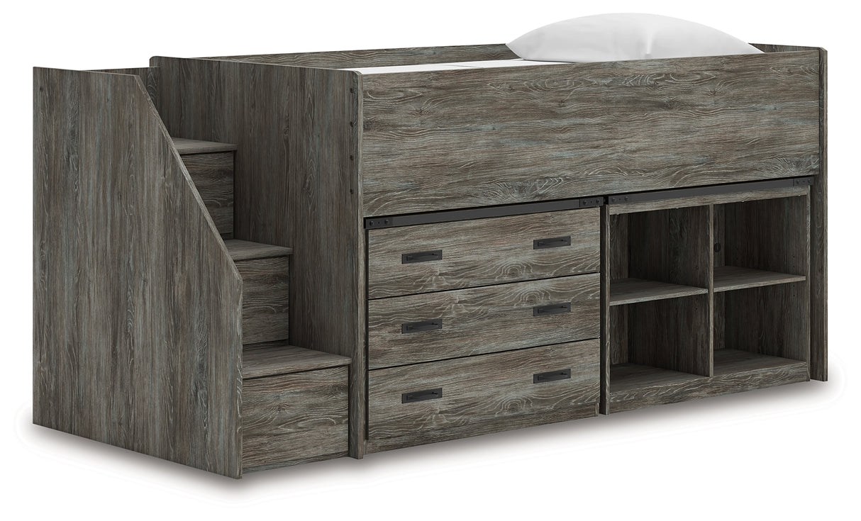 Frandern Gray Twin Loft Bed with Bookcase and Drawer Storage from Ashley - Luna Furniture