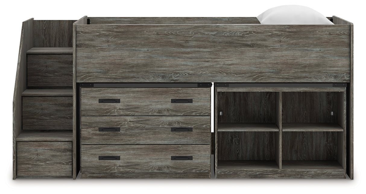Frandern Gray Twin Loft Bed with Bookcase and Drawer Storage from Ashley - Luna Furniture