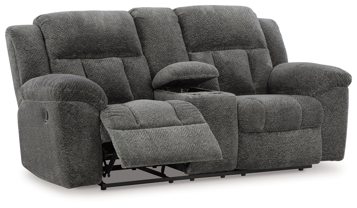 Frohn Graphite Reclining Loveseat with Console from Ashley - Luna Furniture