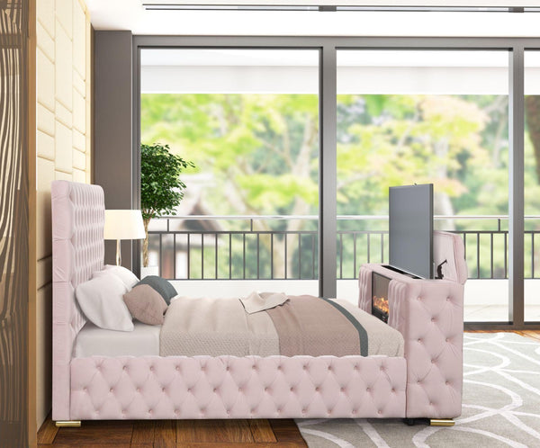 Future Pink Velvet King Platform Bed with Footboard TV Lift