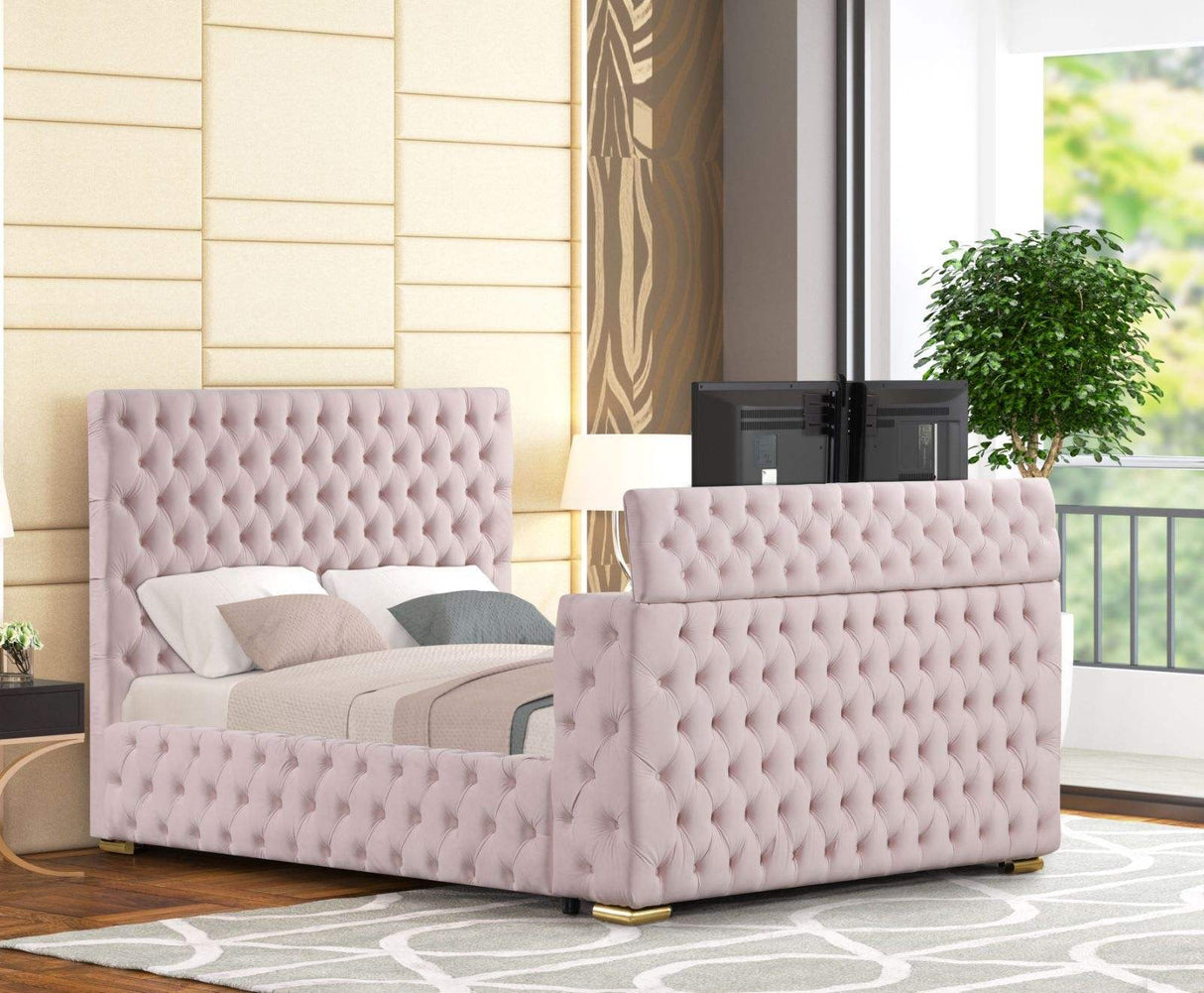 Future Pink Velvet King Platform Bed with Footboard TV Lift from Happy Homes - Luna Furniture