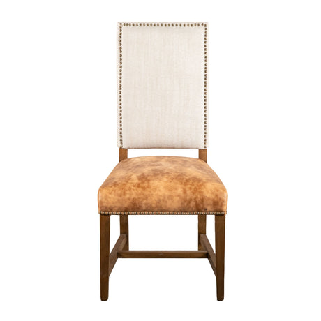 Darcy Dining Chair in Beige Linen and Warm Brown Leather with Earth Legs, Set of 2 from Home Trends & Design - Luna Furniture
