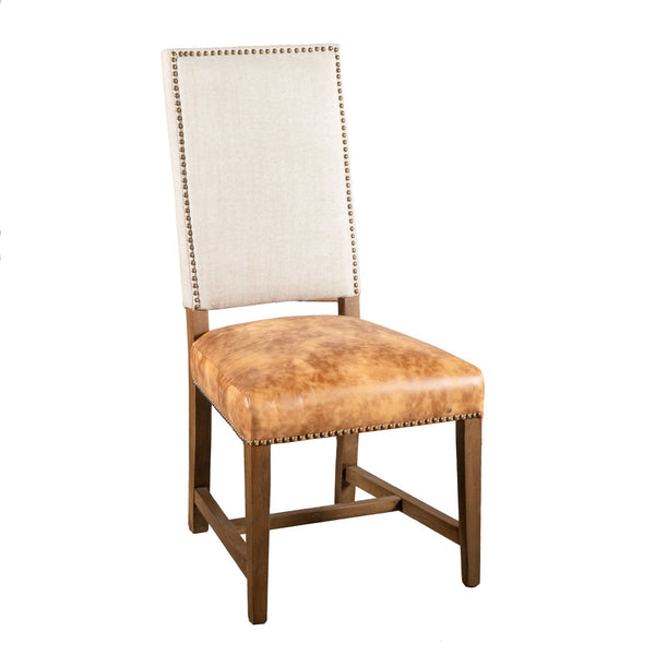 Darcy Dining Chair in Beige Linen and Warm Brown Leather with Earth Legs, Set of 2