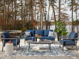 Gali Gray/Blue Outdoor Sofa/Chairs/Table Set (Set of 4) from Ashley - Luna Furniture
