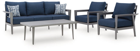 Gali Gray/Blue Outdoor Sofa/Chairs/Table Set (Set of 4) from Ashley - Luna Furniture